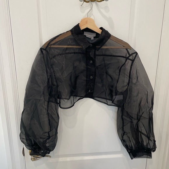 NWT Anthropologie Sheer Black Cropped Button Down Blouse - Picture 2 of 4